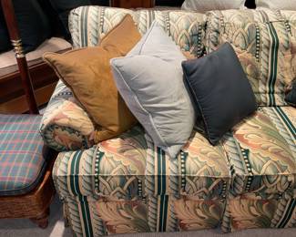 Green Patterned Upholstered Couch With Decorative Pillows (2 Available)