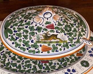 Large Williams Sonoma Hand Painted Rabbit Soup Tureen Server W/ Ladle & Tray From Italy