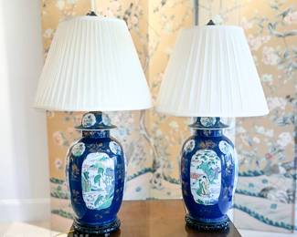 Pair Blue Ginger Jar Lamps