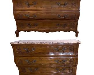 PAIR Antique Walnut French Provincial style Chests of Drawers WIth Serpentine Molded Marble Tops