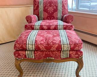 Red and Green Upholstered Armchair with Footstool