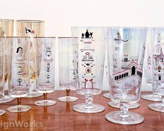 MCM Barware Drinkware Cocktail Glasses Flutes Printed with Italian Venetian Themes