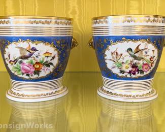 Bird & Flower Decorated Porcelain Cachepots With Bases