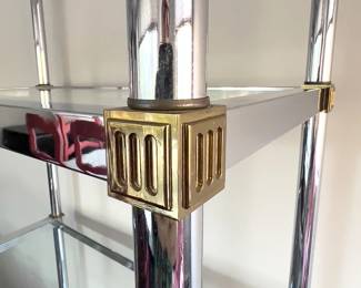 DETAIL: PAIR Maison Jansen Chrome & Brass Greek Key Etageres