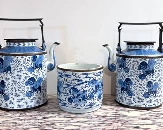 PAIR Antique Chinese Tea Pots with Foo Dog Motif & Similar Vase Cachepot