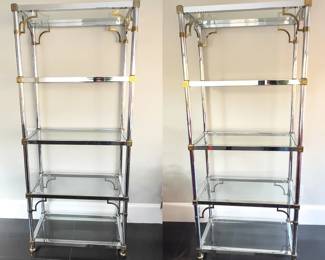 PAIR Maison Jansen Chrome & Brass Greek Key Etageres
