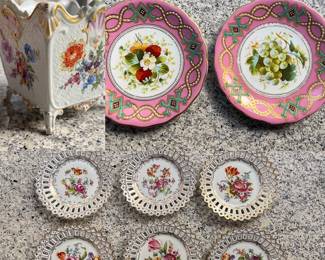 Six Schumann "Dresden Flowers" Reticulated Small Plates, Two Bavarian Porcelain Fruit Motif Plates and a Porcelain Cachepot