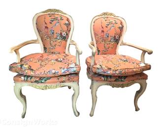 PAIR of Upholstered Armchairs with Carved Shell Frieze
