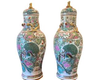 PAIR of Famille Rose Covered Urns With Foo Dogs and Dragons