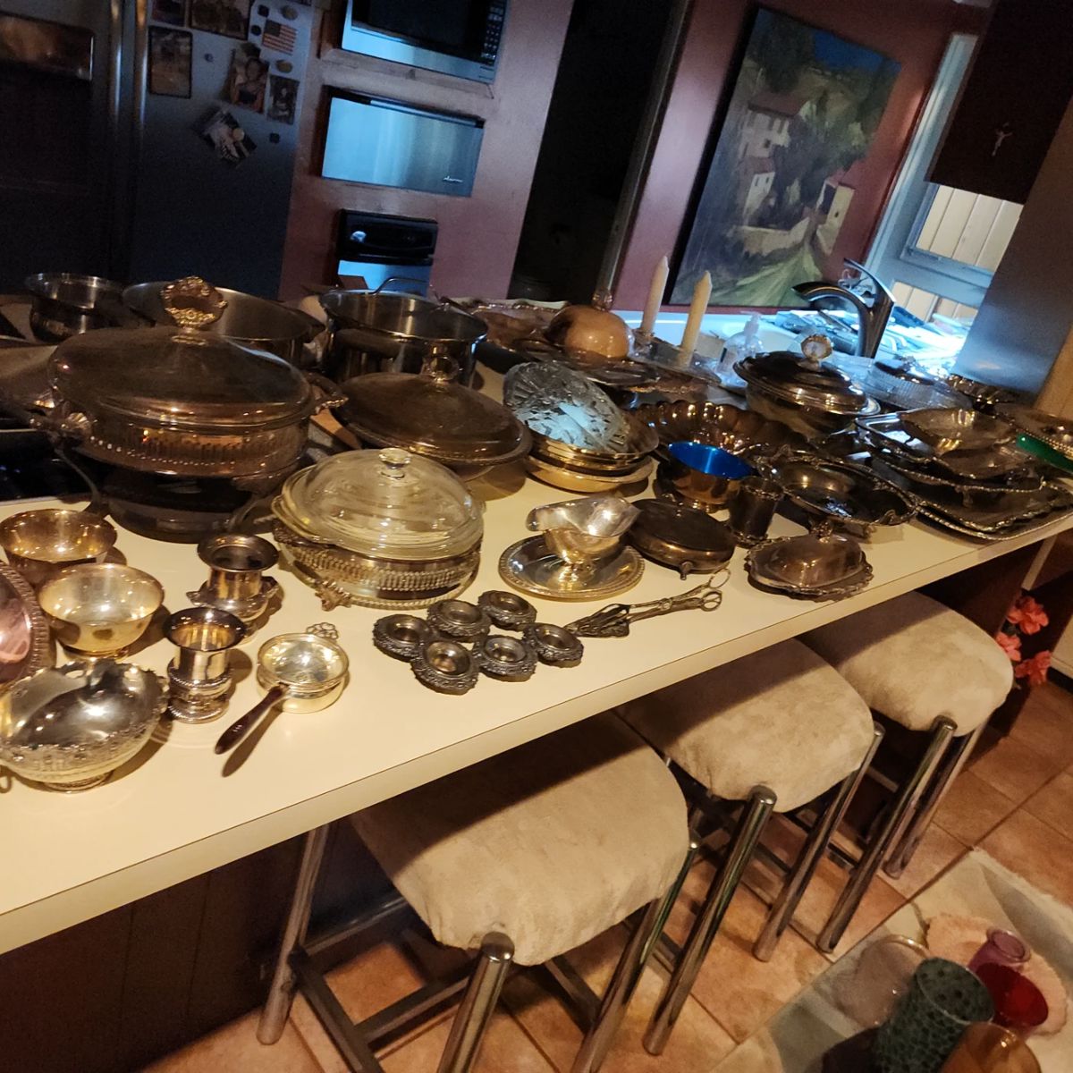 Silver Platters, Casseroles & Bar Stools]
