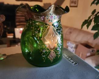 Moser Hand Painted Emerald Green and Gold Gilt Floral Vase