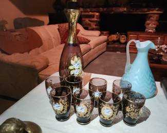 Bohemia Enamel Floral Gold Leaf Glass Decanter & 8 Cup Set