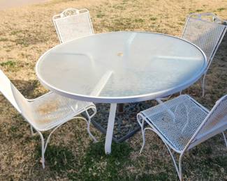 Patio Table, Four Chairs, and Metal Umbrella Base