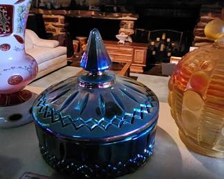  Indiana Princess Candy Dish, Blue Carnival Glass