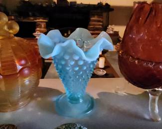 Vintage Turquoise Blue Opalescent Hobnail Pressed Glass Ruffled Edge Vase