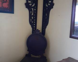 stick and ball wooden decor ...odd old chair...oak lamp table with damaged top