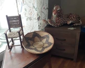 Doll chair,  drop leaf end table, Asian/orAfrican basket, stuffed Tiger, New Nightstand with part of set