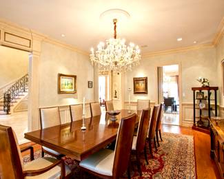 Rectangular French Art Deco Baker Dining Room Table with 12 Chairs, Pads and two Extensions.  Palladian Cherry Finish