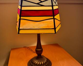 Antique Rainbow Stained Glass and Bronze Table Lamp