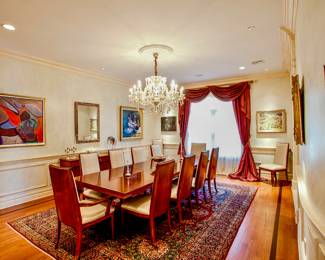 Rectangular French Art Deco Baker Dining Room Table with 12 Chairs, Pads and two Extensions.  Palladian Cherry Finish