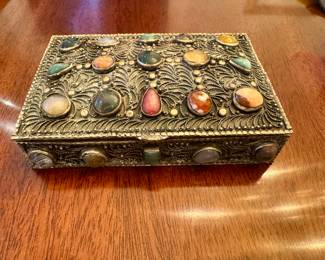 Chinese Hand Made Hammered Filigree Chest with Semi Previous Stones