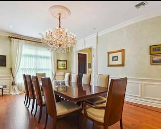 Rectangular French Art Deco Baker Dining Room Table with 12 Chairs, Pads and two Extensions.  Palladian Cherry Finish