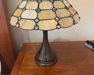 Pair of Bronze Tone Lamps with Iridescent Glass Shades