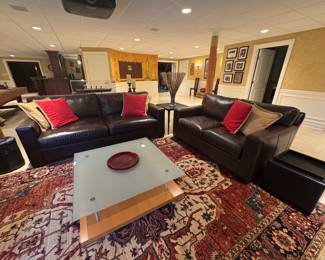 Crate And Barrel Axis Sleeper Sofa, Love Seat and Two Leather Ottomans