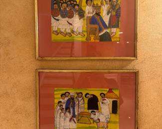 Ethiopian Tribal Folk Art Works on Paper Depicting Figures at Various Tasks