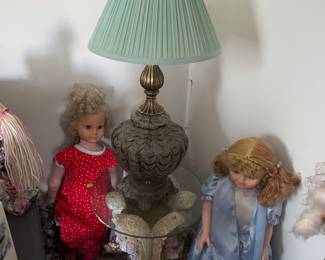 Oversized dolls $10 each, Angel side table $40, lamp $20
