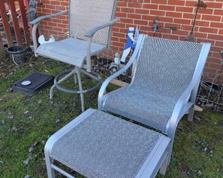 Outdoor chair w/ottoman $20, outdoor bar chair $10