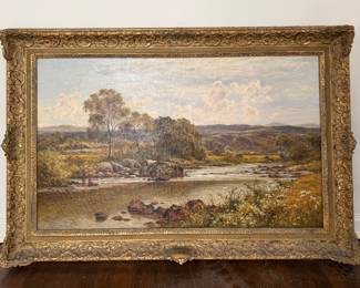 "On The River Llugy," Landscape Oil Painting, Oil on Canvas. Signed by Artist Benjamin Williams Leader. Canvas Measures 40" W x 24" H. Photo 1 of 4.