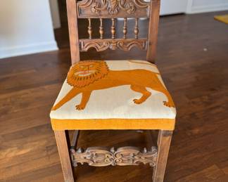 Vintage English Hand-Carved Chair with Crewel Embroidered Lion Upholstered Seat. Photo 1 of 3.