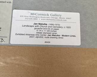 "Landscape with Church and Cemetery," Gouache and Ink on Paper. Circa 1920. Measures 9.25" x 11 5/8". Signed by Artist Jan Matulka. Photo 2 of 2.