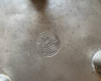 Antique Chinese Pewter Covered Serving Dish with Jade Handles. Stamped. Photo 4 of 4.