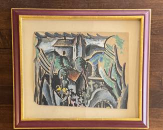 "Landscape with Church and Cemetery," Gouache and Ink on Paper. Circa 1920. Measures 9.25" x 11 5/8". Signed by Artist Jan Matulka. Photo 1 of 2.