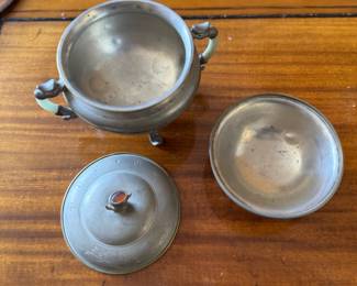 Antique Chinese Pewter Covered Serving Dish with Jade Handles. Stamped. Photo 3 of 4.