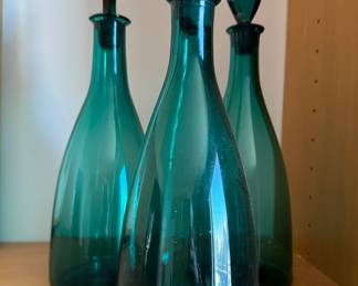 Set of 3 Emerald Green Bottles with Stoppers.