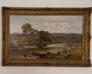 "On The River Llugy," Landscape Oil Painting, Oil on Canvas. Signed by Artist Benjamin Williams Leader. Canvas Measures 40" W x 24" H. Photo 2 of 4.