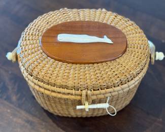 Finely Woven Rattan Nantucket Scrimshaw Basket With Humpback Whale. Photo 2 of 3.