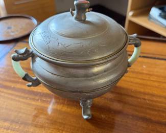 Antique Chinese Pewter Covered Serving Dish with Jade Handles. Stamped. Photo 1 of 4.