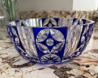 Etched Cobalt Blue Cut Crystal Bowl in the Style of Val St. Lambert.