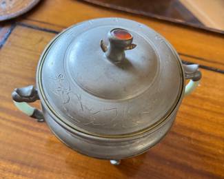 Antique Chinese Pewter Covered Serving Dish with Jade Handles. Stamped. Photo 2 of 4.