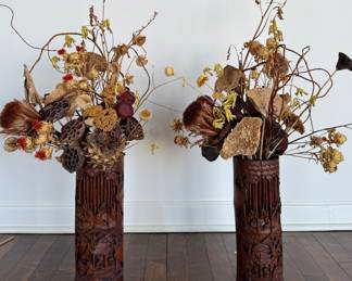 Pair of Antique Carved Bamboo Dry Flower Vases. Photo 1 of 2.