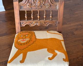 Vintage English Hand-Carved Chair with Crewel Embroidered Lion Upholstered Seat. Photo 2 of 3.
