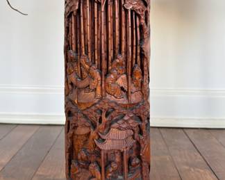 Pair of Antique Carved Bamboo Dry Flower Vases. Photo 2 of 2.