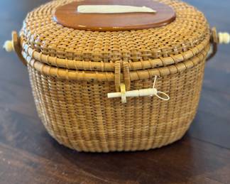 Finely Woven Rattan Nantucket Scrimshaw Basket With Humpback Whale. Photo 1 of 3.