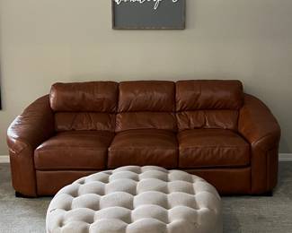 Restoration Hardware Italian Leather Sofa, Tufted Ottoman