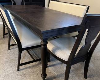 NEW Living Spaces Dining Table w 2 Benches, 3 Chairs and 1 Leaf