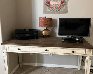 Living Spaces Desk, HP Printer, Monitor